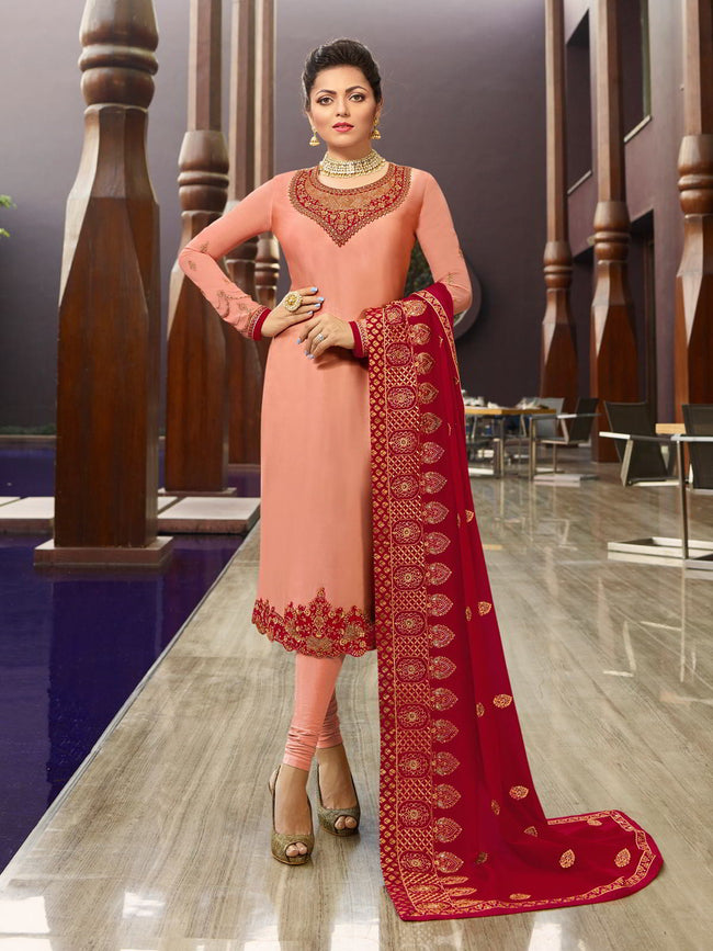 Peach Red In Combination Churidar Suit