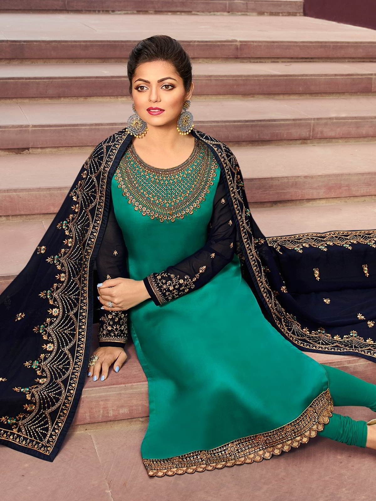 Turquoise And Blue In Combination Churidar Suit