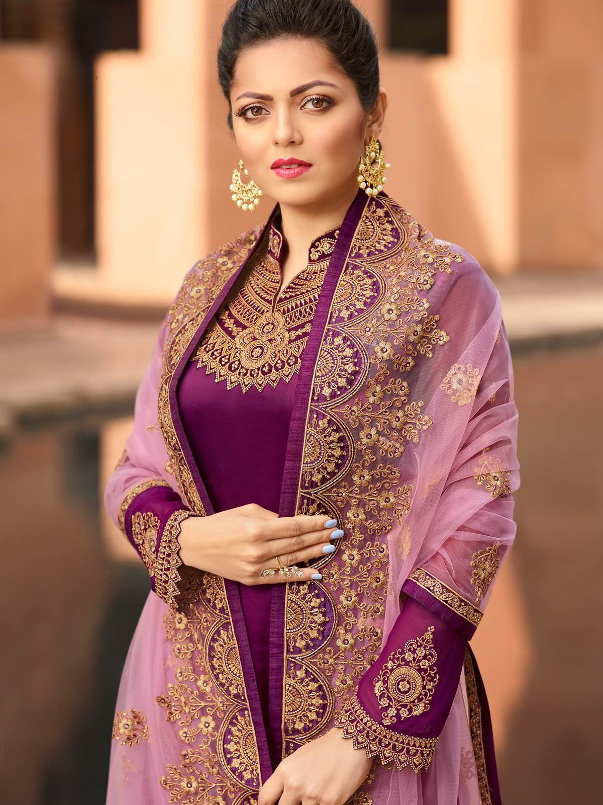 Purple In Combination Embroidered Churidar Suit