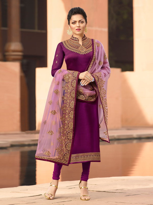 Net Embroidery Pant Style Suit In Purple Colour - SM1640540