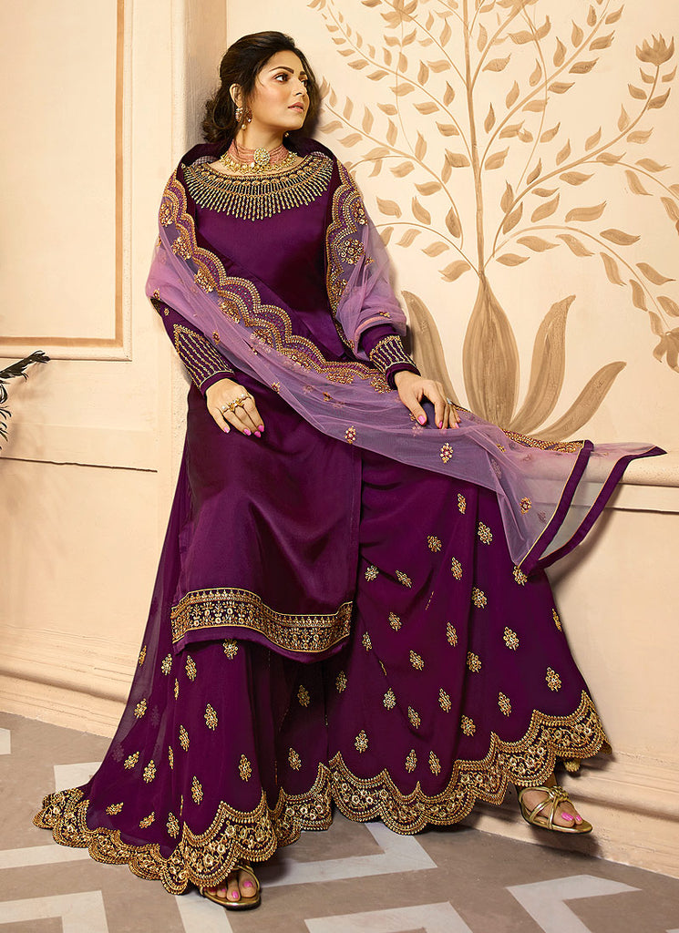 Magenta Golden Indian Gharara/Churidar Suit