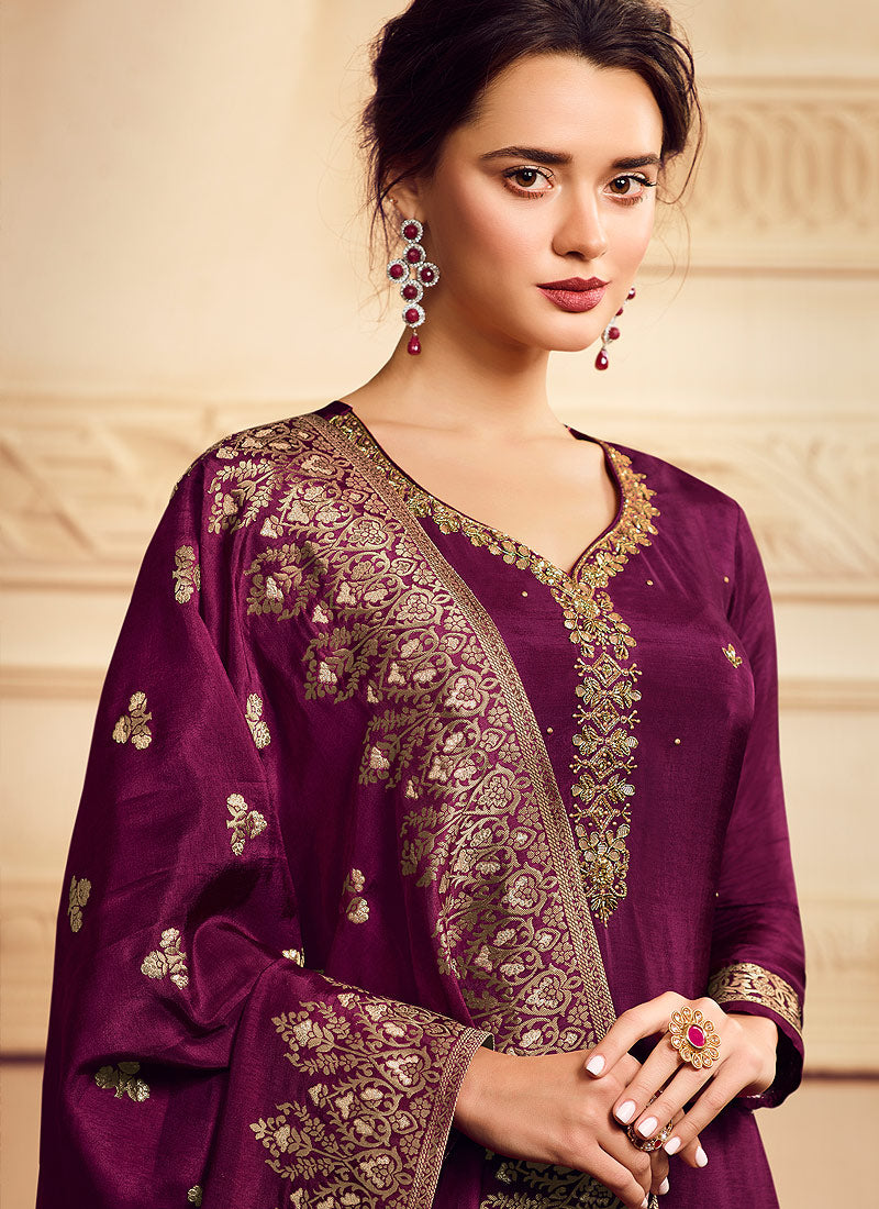Magenta Golden Embroidered Designer Palazzo Suit, Salwar Kameez