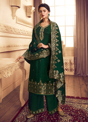 Indian Clothes - Dark Green Golden Embroidered Designer Palazzo Suit