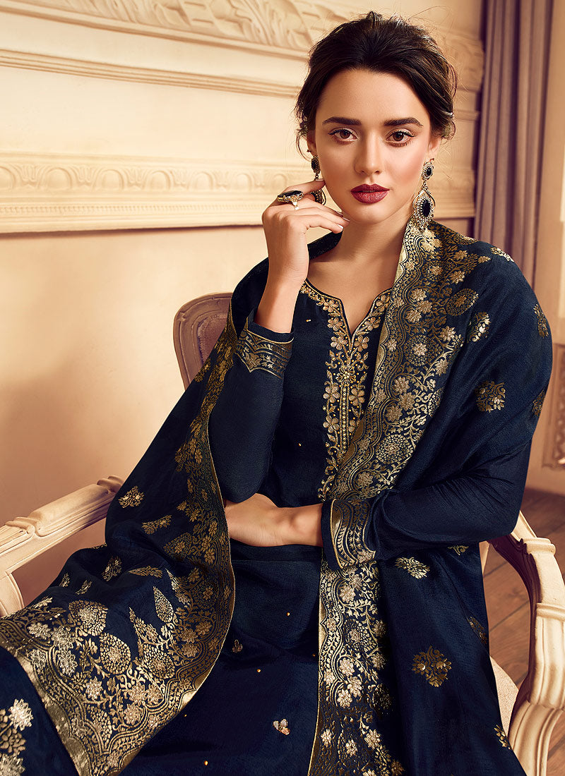 Navy Blue Golden Embroidered Designer Palazzo Suit, Salwar Kameez