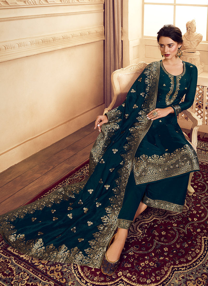 Peacock Blue Golden Embroidered Designer Palazzo Suit, Salwar Kameez