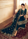 Peacock Blue Golden Embroidered Designer Palazzo Suit, Salwar Kameez