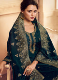 Peacock Blue Golden Embroidered Designer Palazzo Suit