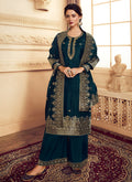 Indian Clothes - Peacock Blue Golden Embroidered Designer Palazzo Suit