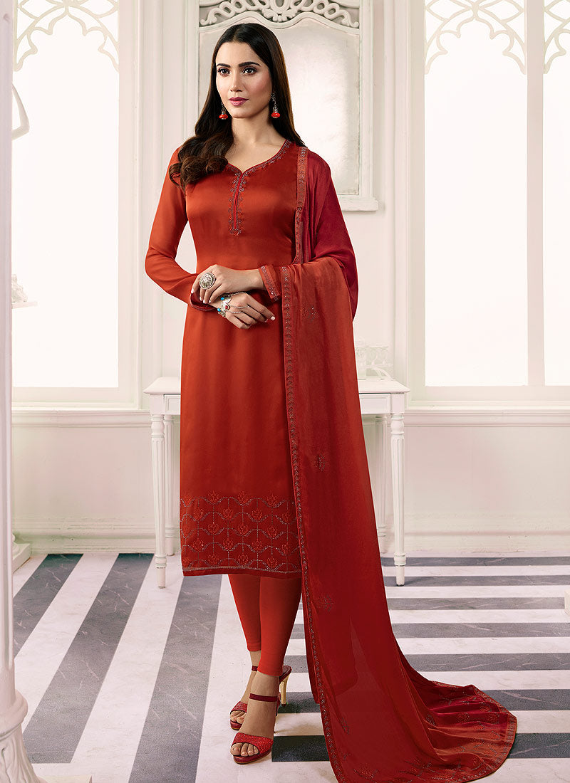 Indian Clothes - Orange Embroidered Salwar Kameez Suit