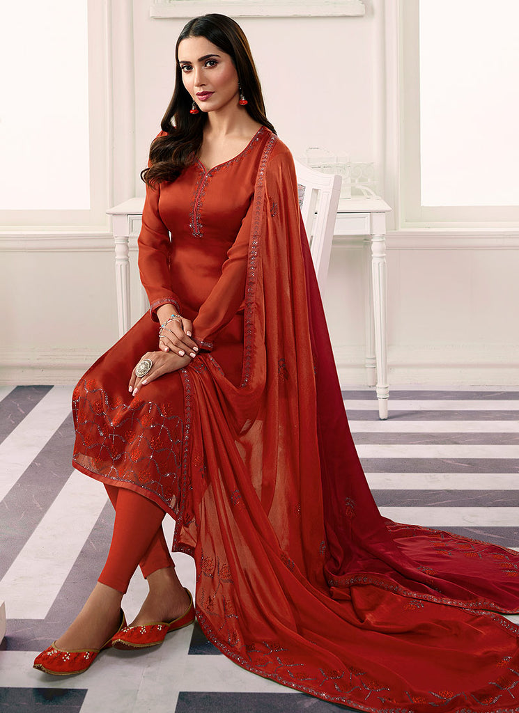 Orange Embroidered Salwar Kameez Suit