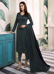 Indian Clothes - Grey Embroidered Salwar Kameez Suit