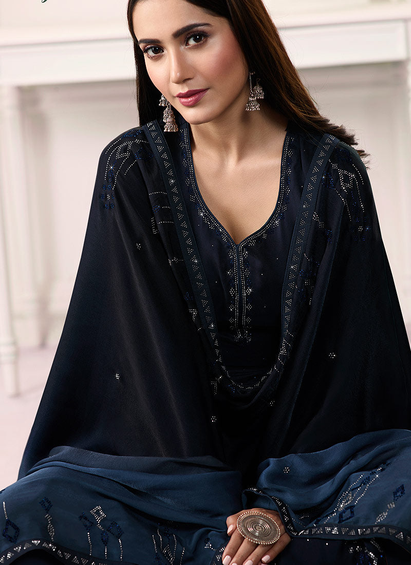 Dark Blue Embroidered Salwar Kameez Suit, Salwar Kameez