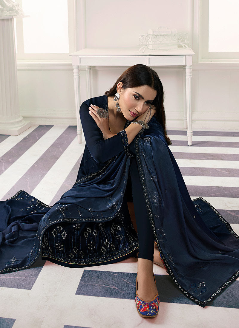 Dark Blue Embroidered Salwar Kameez Suit