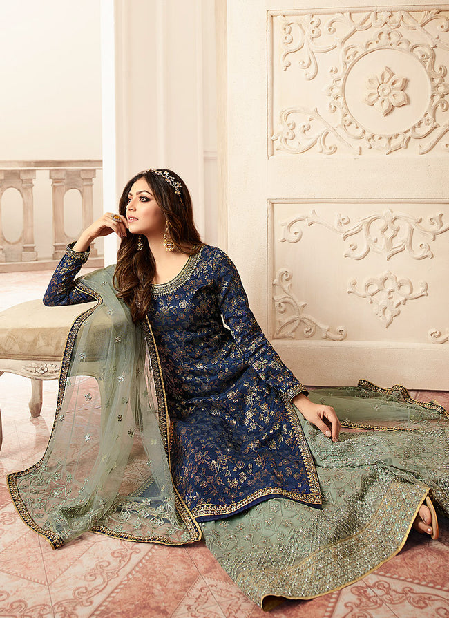 Indian Dresses - Blue And Teal Tradition Embroidered Wedding Sharara,Salwar Kameez