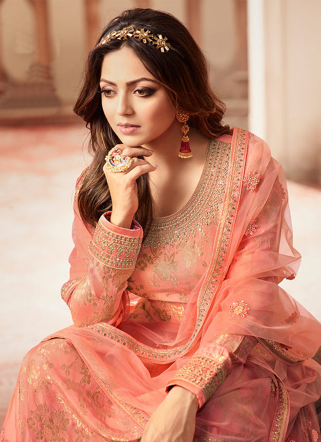 Indian Dresses - Peach And Golden Wedding Sharara