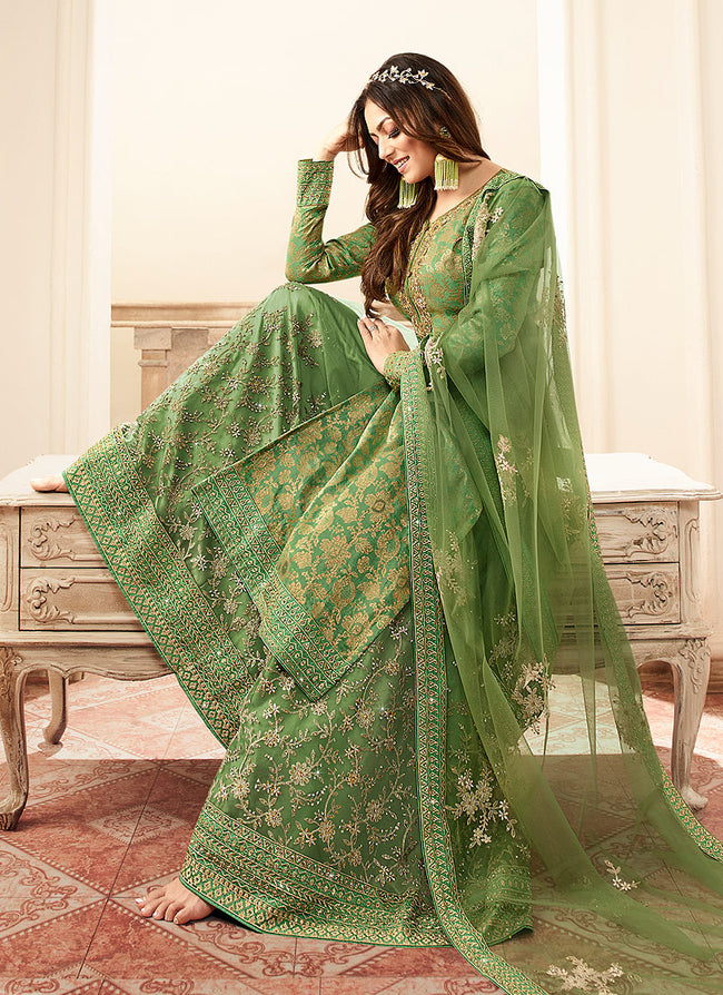 Indian suits - Green And Golden Tradition Embroidered Wedding Sharara,Salwar Kameez