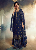 Navy Blue Embroidered Foil Printed Gharara Suit
