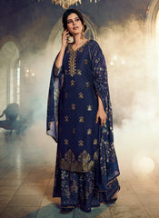 Navy Blue Embroidered Foil Printed Gharara Suit