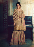 Peach Embroidered Foil Printed Gharara Suit