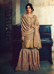 Peach Embroidered Foil Printed Gharara Suit