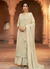 Off White Designer Embroidered Palazzo Suit