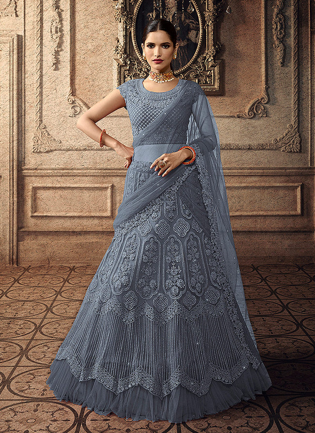 Indian Clothes - Navy Blue Bridal Indian Lehenga Choli Set