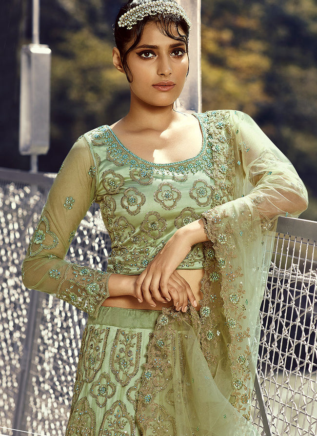 Buy Pista Green Lehenga Choli In Embroidered Raw Silk With Pink Dupatta  Online - Kalki Fashion