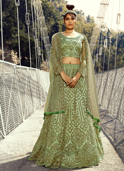 Pista Green And Golden Embroidered Designer Lehenga Choli