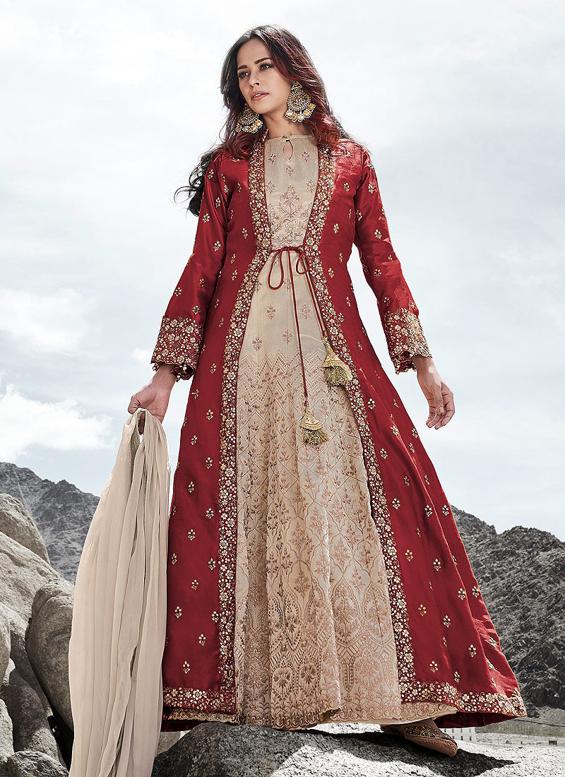 Beige And Red Jacket Style Anarkali Suit