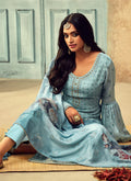 Pant Suits - Sky Blue Designer Pakistani Salwar Kameez