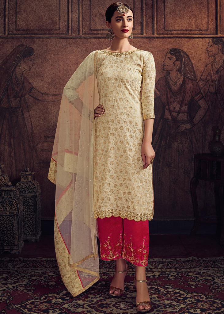 Off White And Pink Pakistani Pant Suit