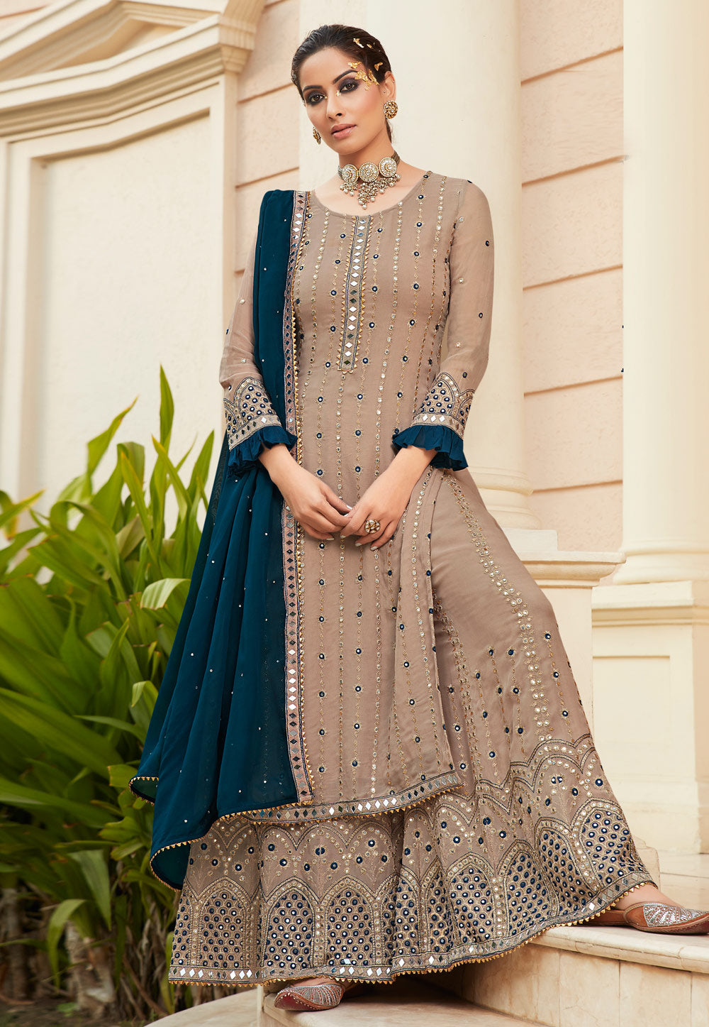 Beige Mirrorwork Embroidered Gharara Suit