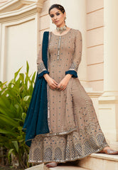 Beige Mirrorwork Embroidered Gharara Suit