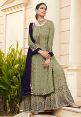 Pista Green Mirrorwork Embroidered Gharara Suit