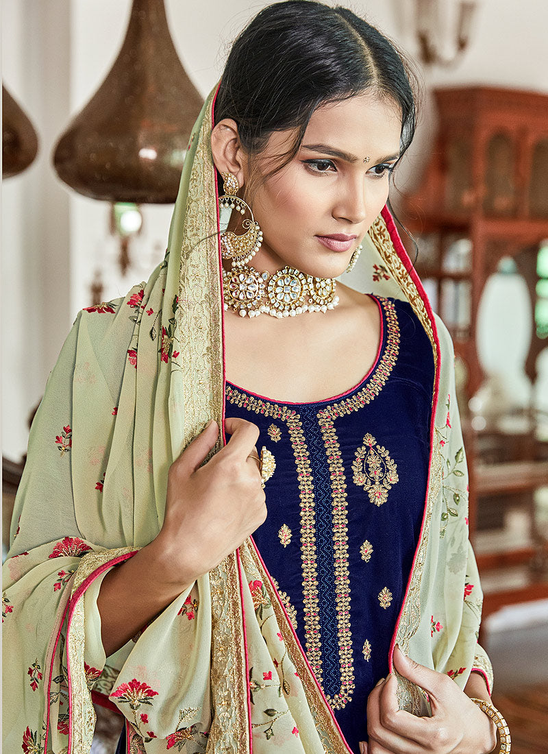 Indian Clothes - Navy Blue Velvet Embroidered Palazzo Suit