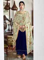 Navy Blue Velvet Palazzo Suit