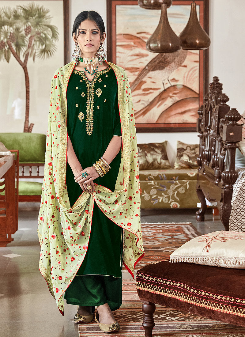 Dark Green Velvet Palazzo Suit