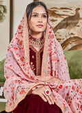 Indian Clothes - Maroon Velvet Embroidered Palazzo Suit