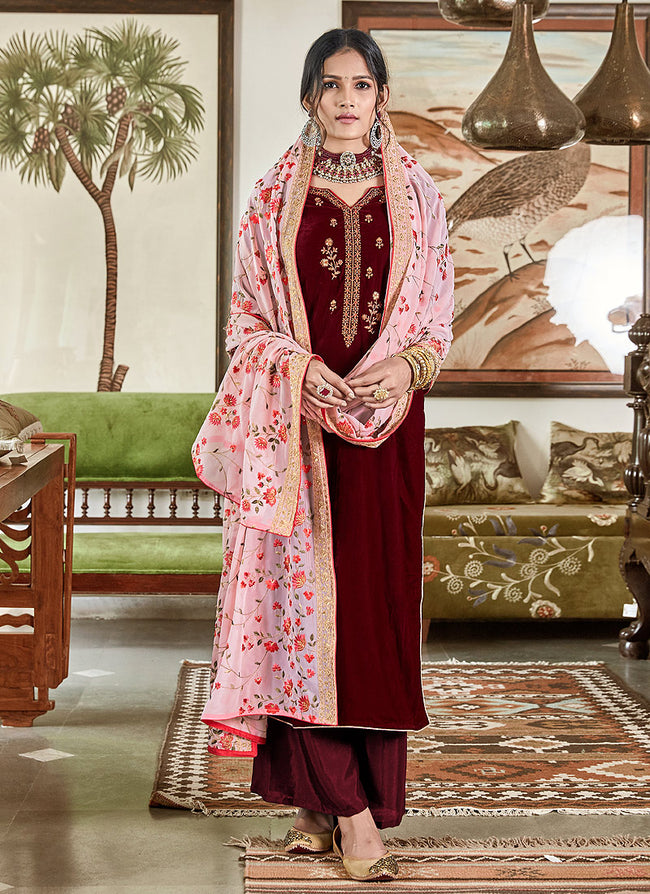Maroon Embroidered Velvet Palazzo Suit With Dupatta 3398SL04