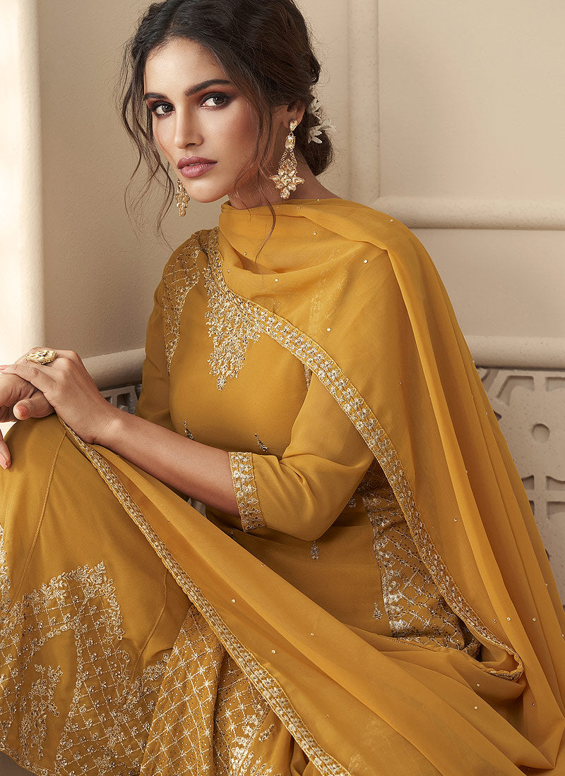 Yellow Rehsamkari Designer Palazzo Suit In USA