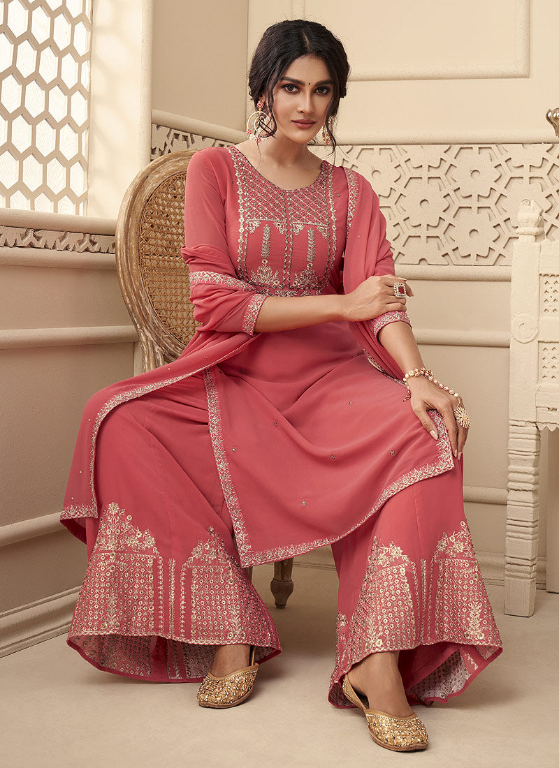 Peach Rehsamkari Embroidered Designer Palazzo Suit In GERMANY
