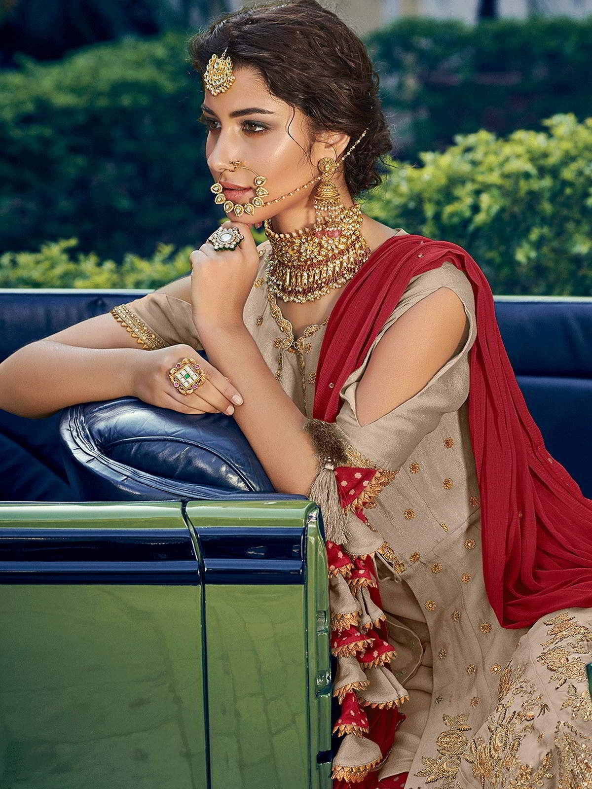 Beige and Red Embellished Gharara Suit
