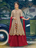 Beige and Red Embellished Gharara Suit