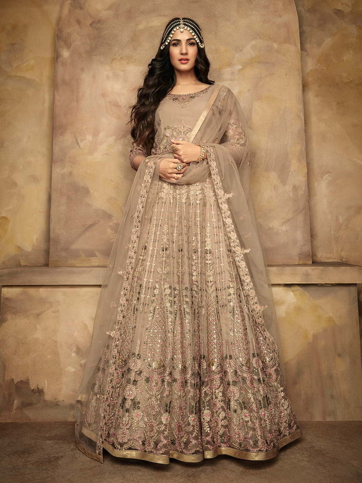 Beige And Pink Floral Designer Anarkali Suit