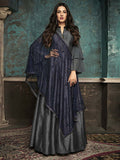 Grey And Blue Embroidered Flared Anarkali Suit