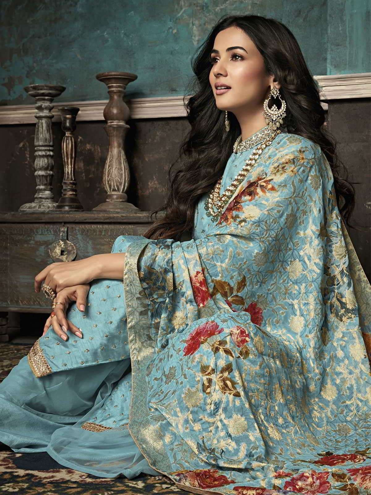 Light Blue Sequence Embroidered Palazzo Suit