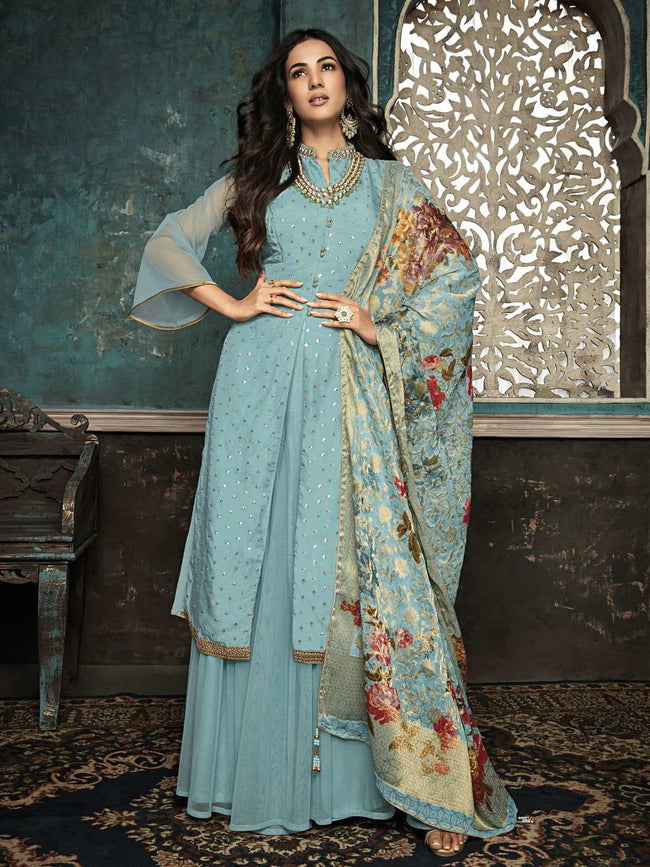 Light Blue Sequence Embroidered Palazzo Suit
