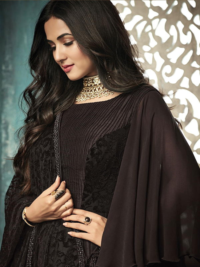 Dark Brown Embroidered Flared Anarkali Suit