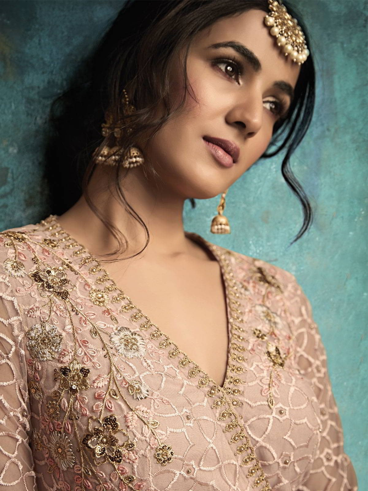 Baby Pink Copper Embroidered Designer Gharara Suit