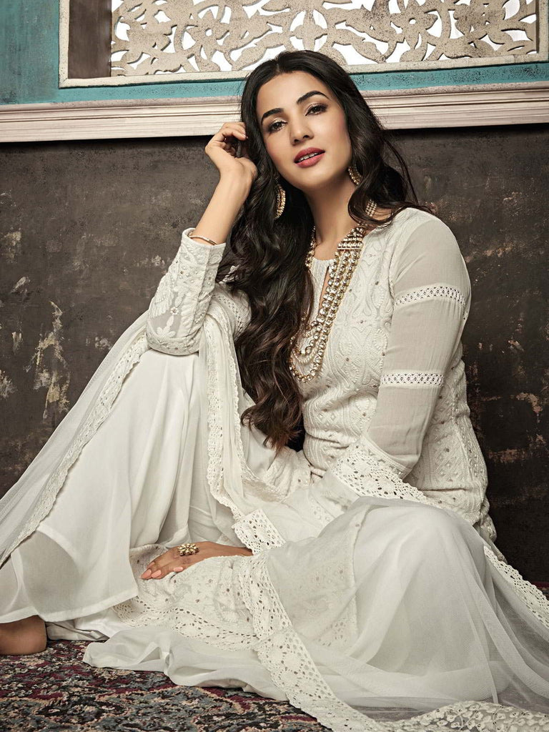 Off White Chikankari Palazzo Suit